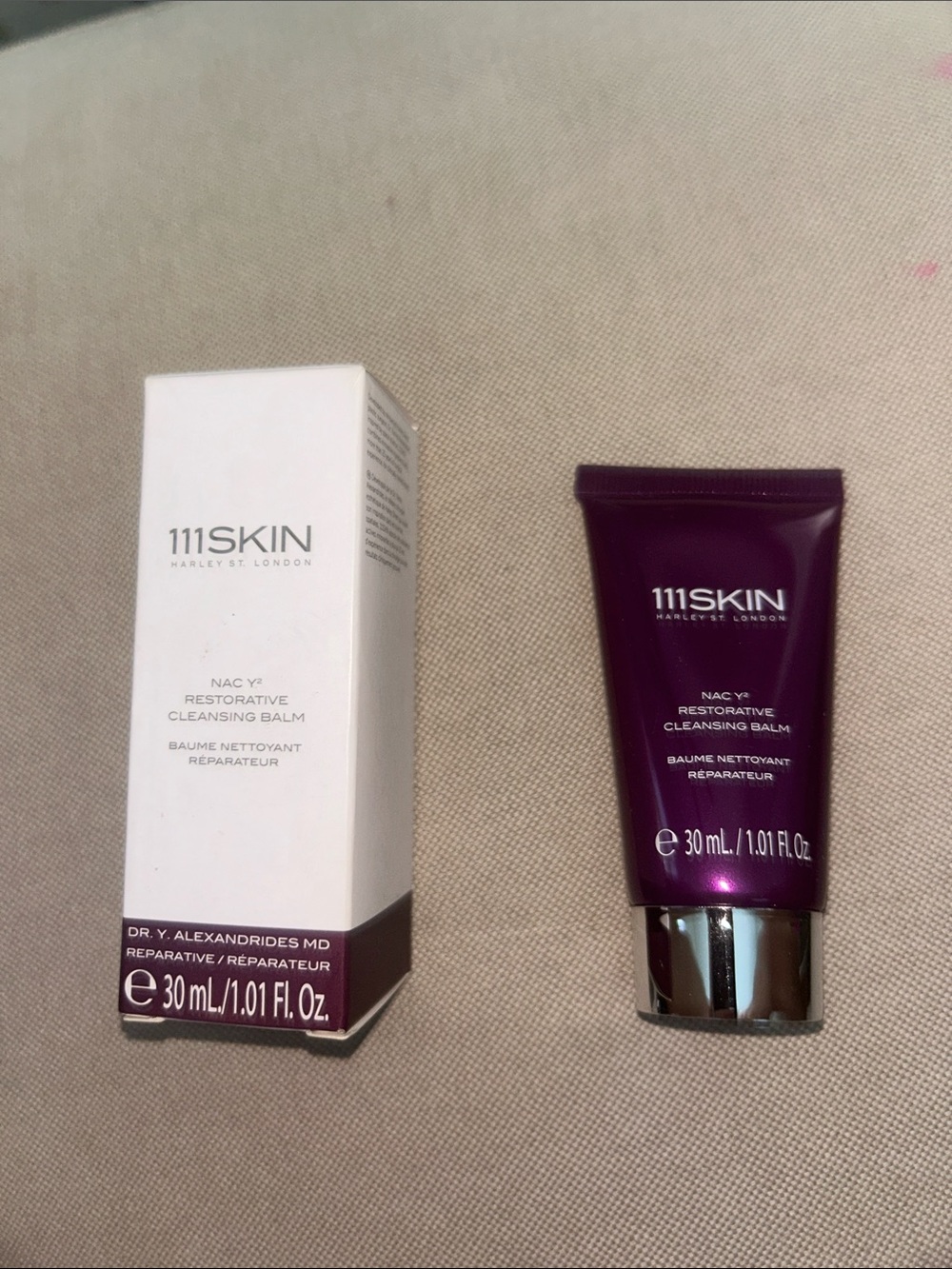 111SKIN Restorative Cleansing Balm Tube and Box - Deep Purple & White
